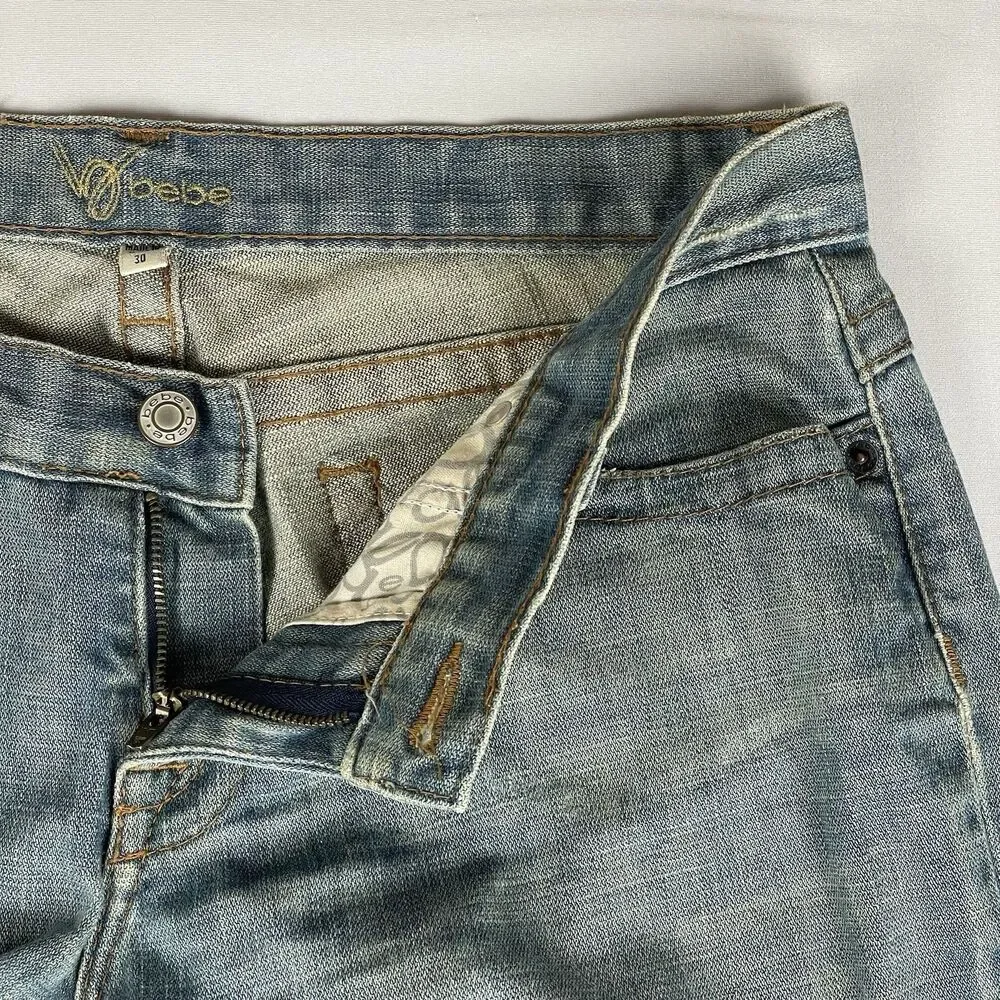 Bebe Carla Low Rise Straight Leg Jeans Women's 30 Light Blue Made USA Y2K